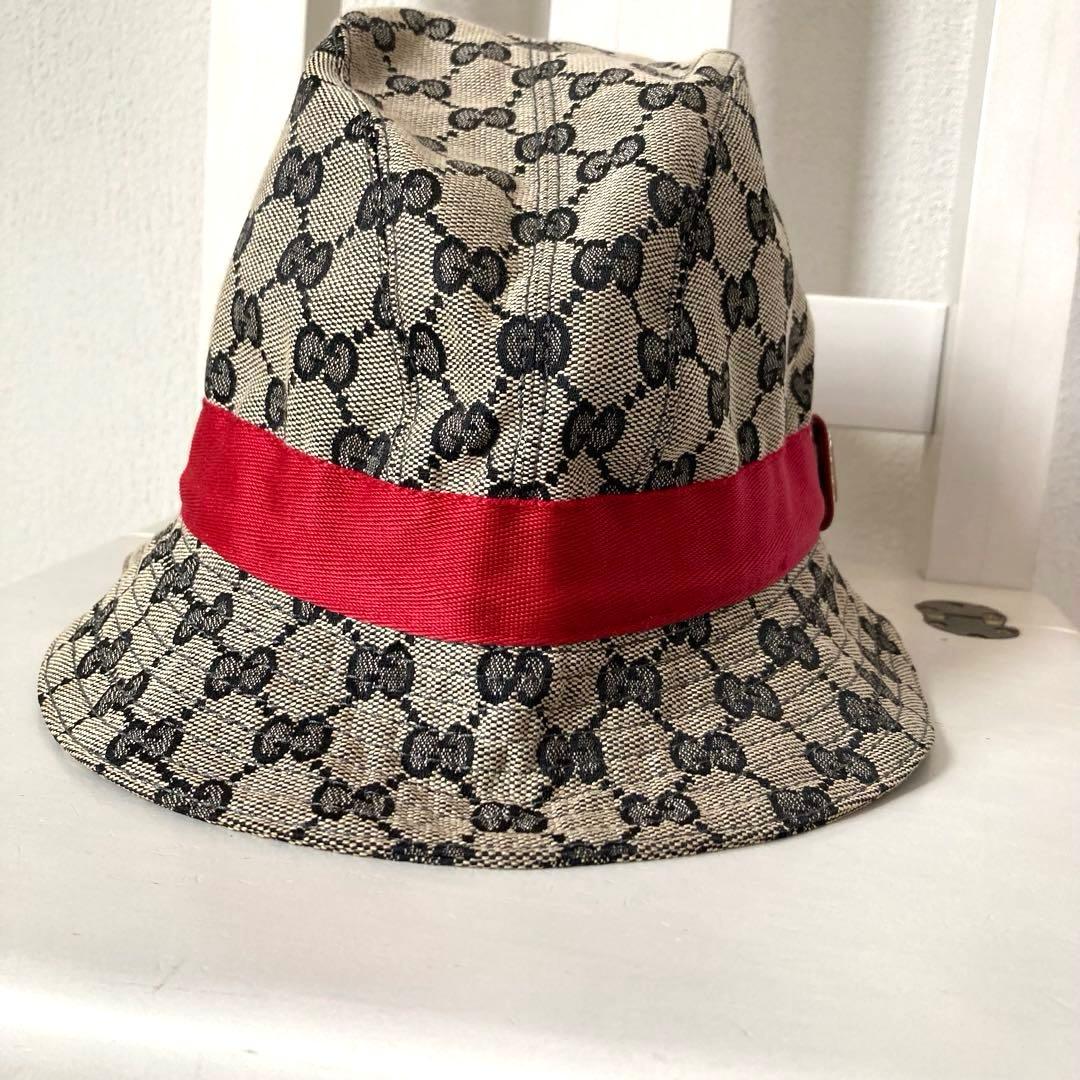 GUCCI グッチ　バケットハット　L キャンバス　赤　リボン　GGパターン