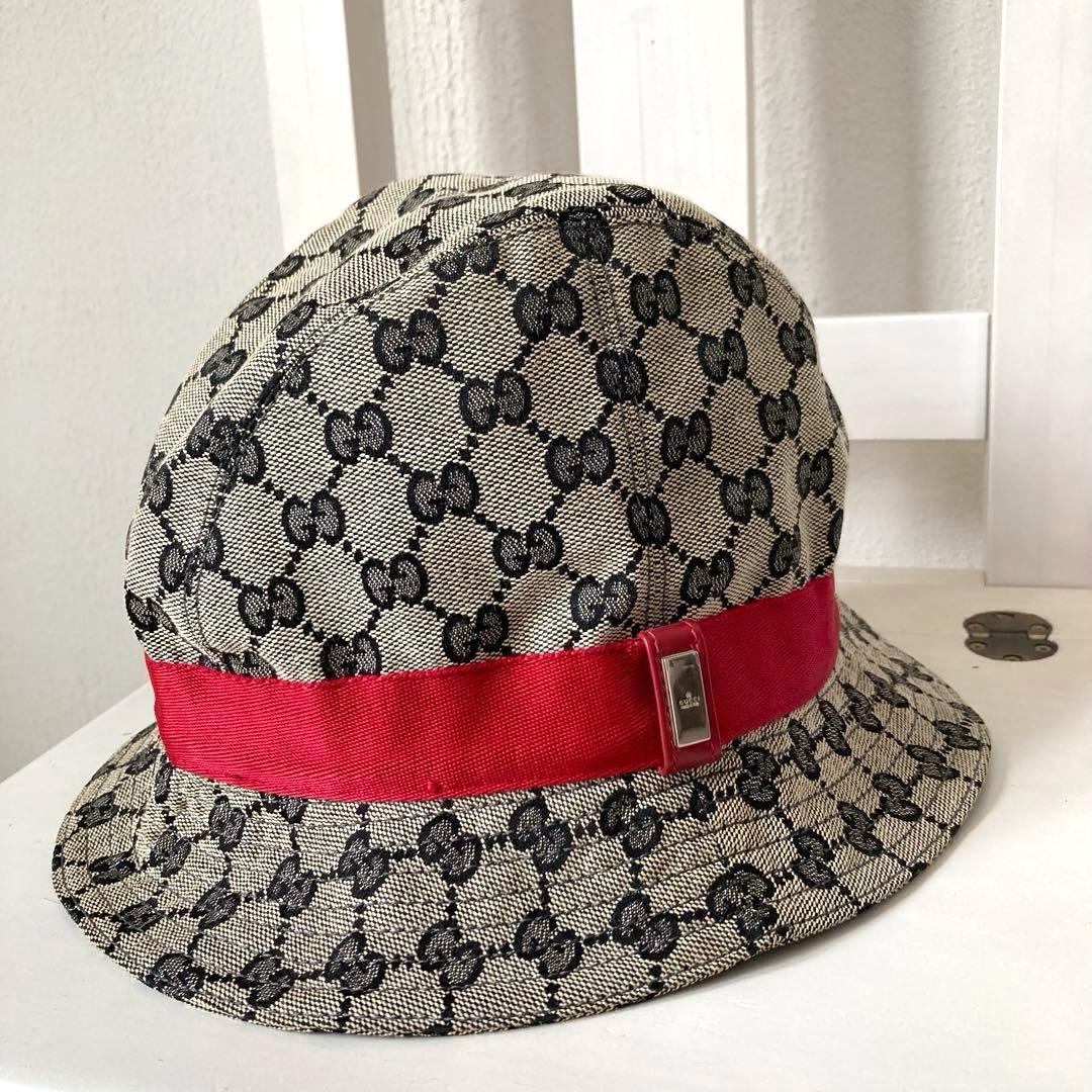 GUCCI グッチ　バケットハット　L キャンバス　赤　リボン　GGパターン