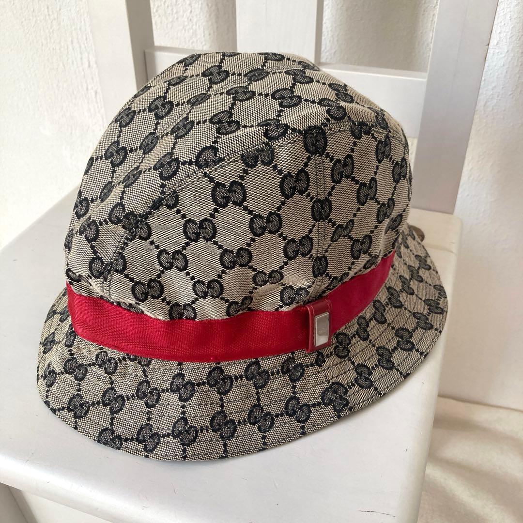 GUCCI グッチ　バケットハット　L キャンバス　赤　リボン　GGパターン
