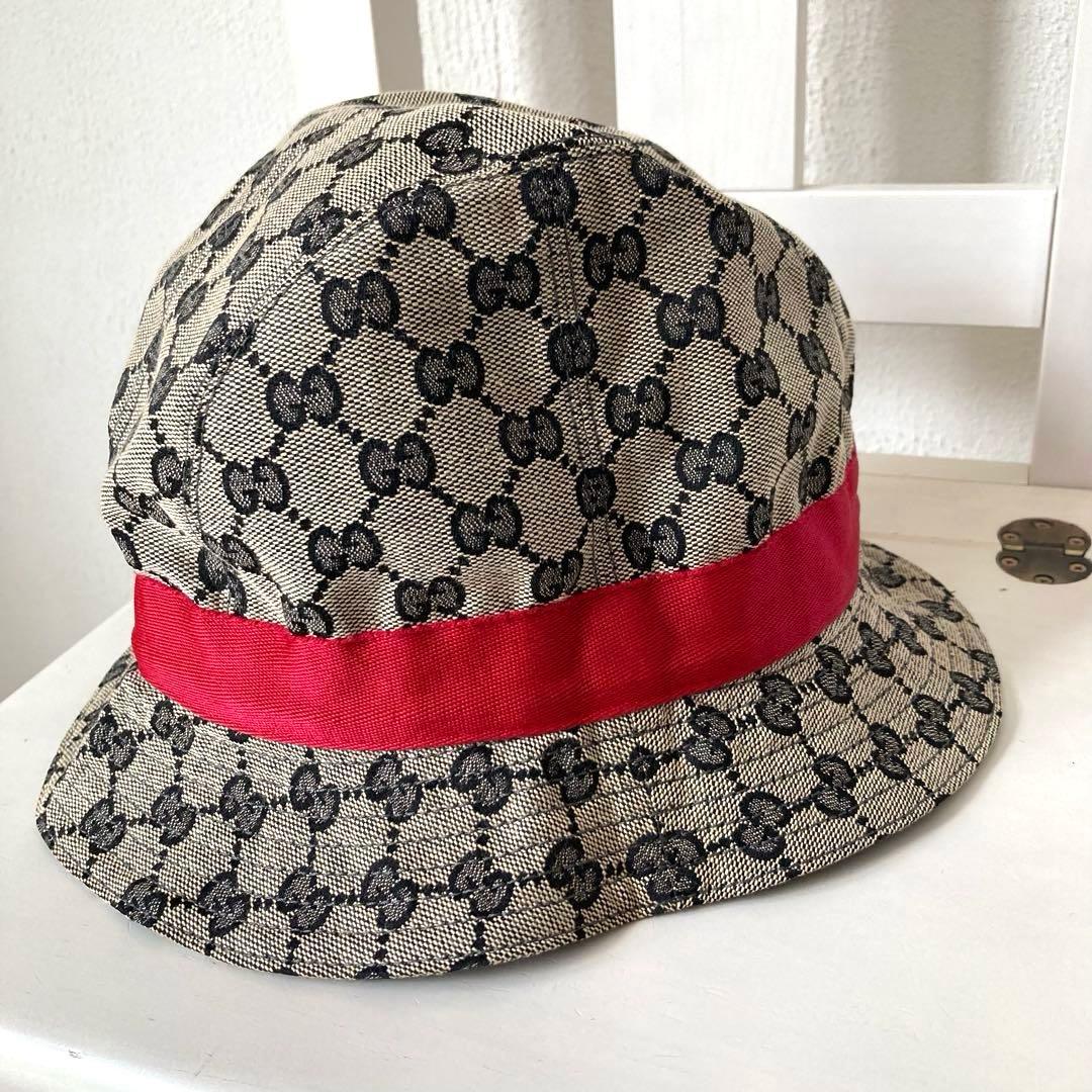 GUCCI グッチ　バケットハット　L キャンバス　赤　リボン　GGパターン
