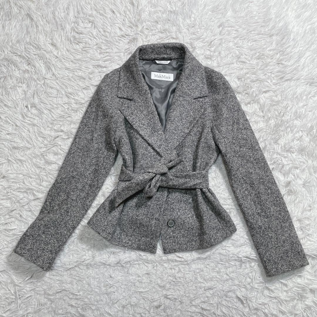 マックスマーラ　白タグ　ショートコート　ベルト　アルパカ　シルク混　グレー　M