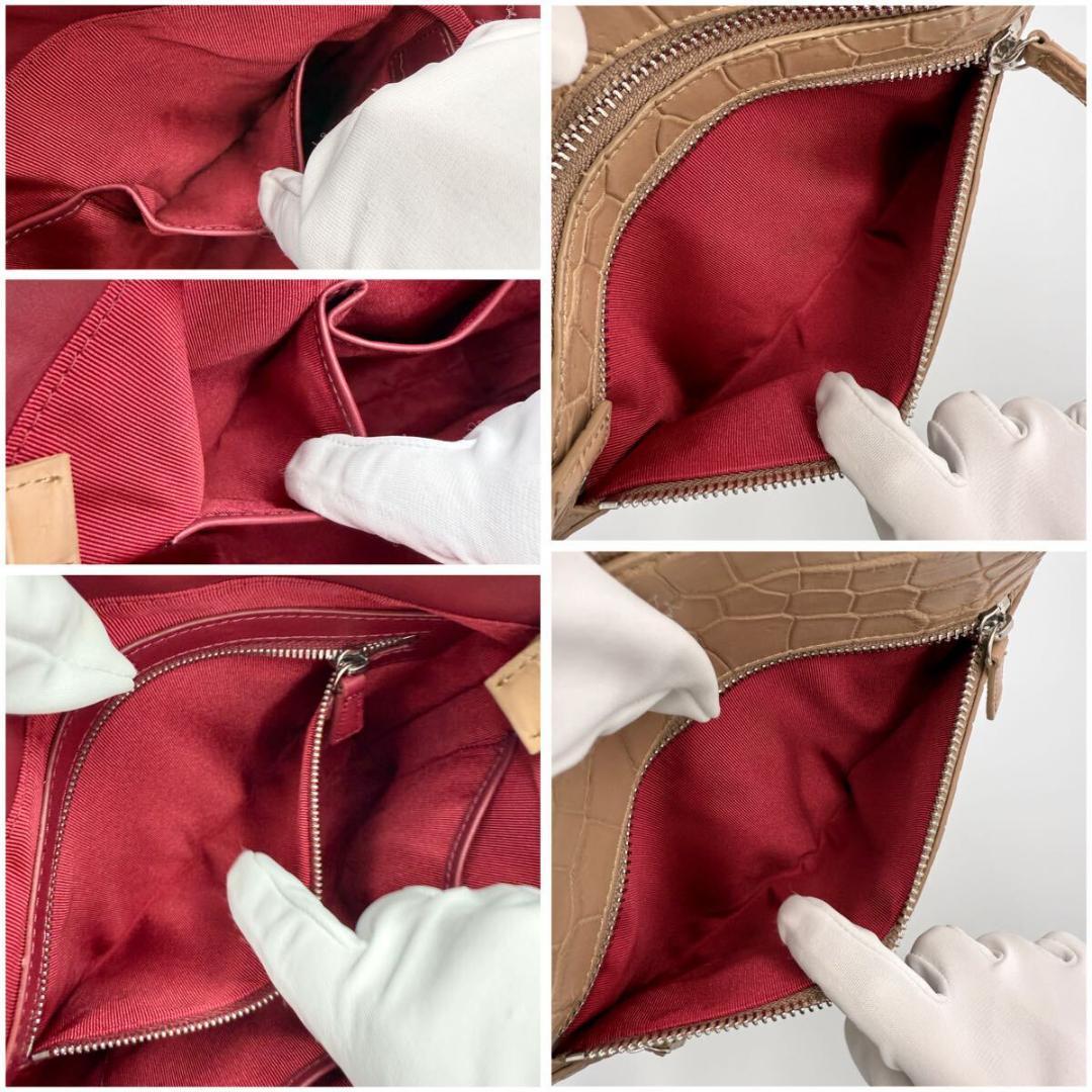 美品 マットクロコダイル ショルダーバッグ ピンクベージュ 本革 リアルレザー