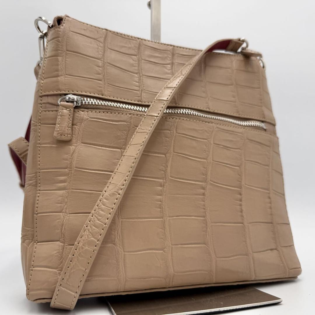 美品 マットクロコダイル ショルダーバッグ ピンクベージュ 本革 リアルレザー