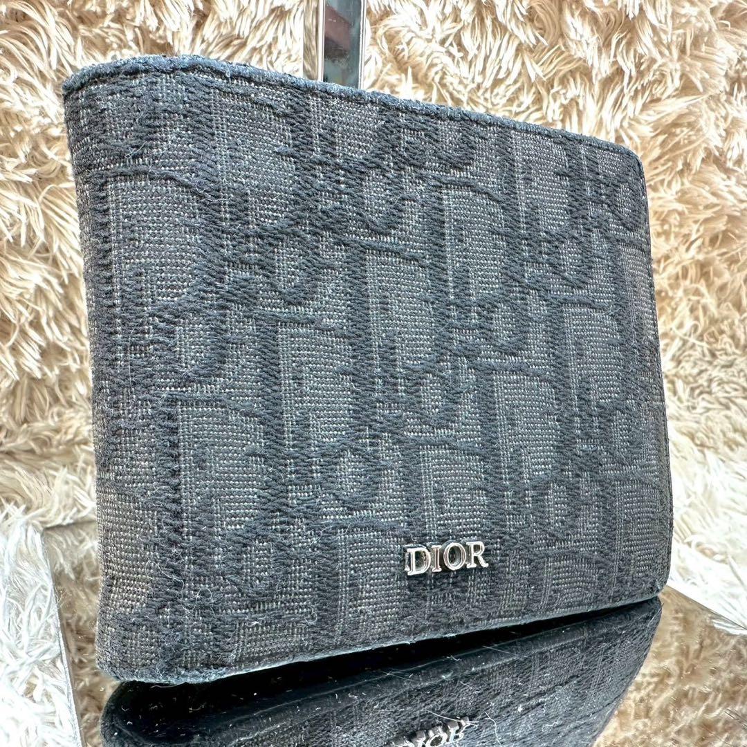 【美品】クリスチャンディオール 二つ折り財布 ブラック キャンバス トロッター