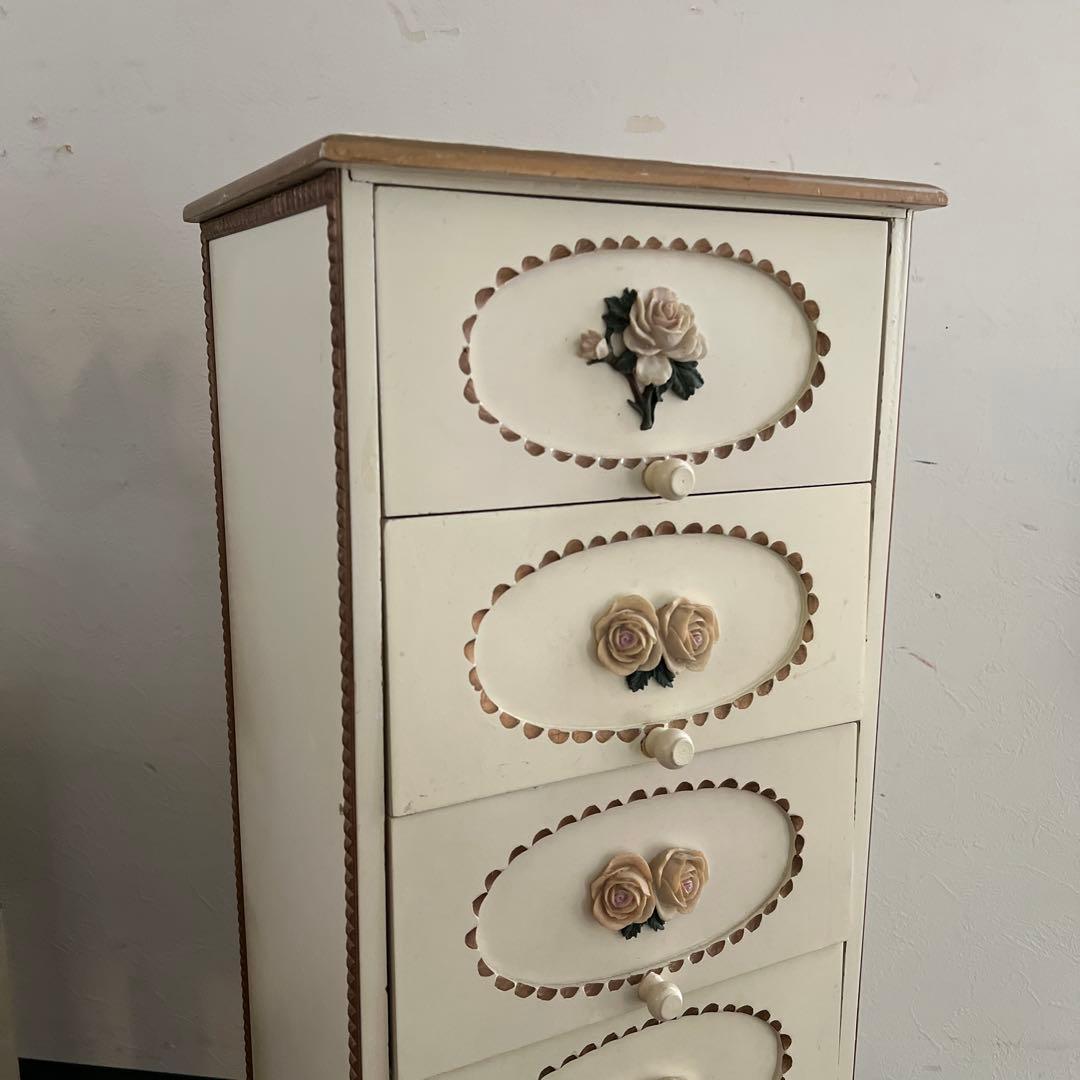 k517r122 フレンチカントリー調 スリムな木製チェスト ローズレリーフ
