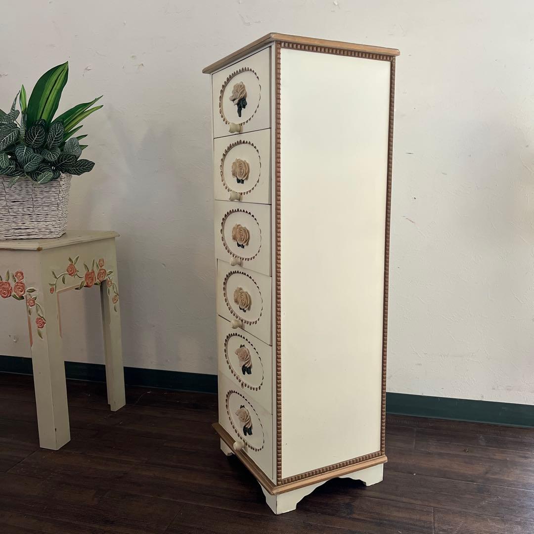 k517r122 フレンチカントリー調 スリムな木製チェスト ローズレリーフ
