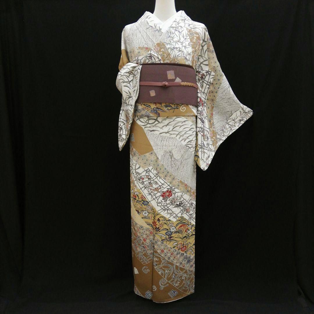 しゃれ訪問着(袷)　(地紙に花鳥 源氏香 花唐草 吉祥紋　ちりめん　ガード加工)