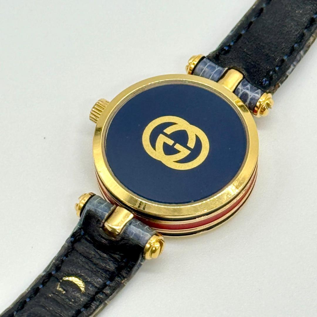 稼働品 GUCCI グッチ 腕時計 シェリーライン 白文字盤 クォーツ 青 2針