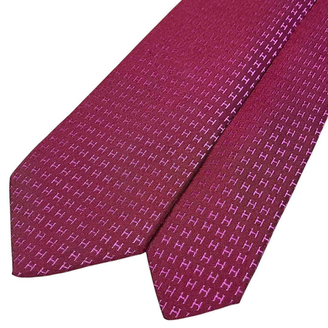 HERMES エルメス　高級ネクタイ　ピンク　ファソネ　H柄　ジャガード