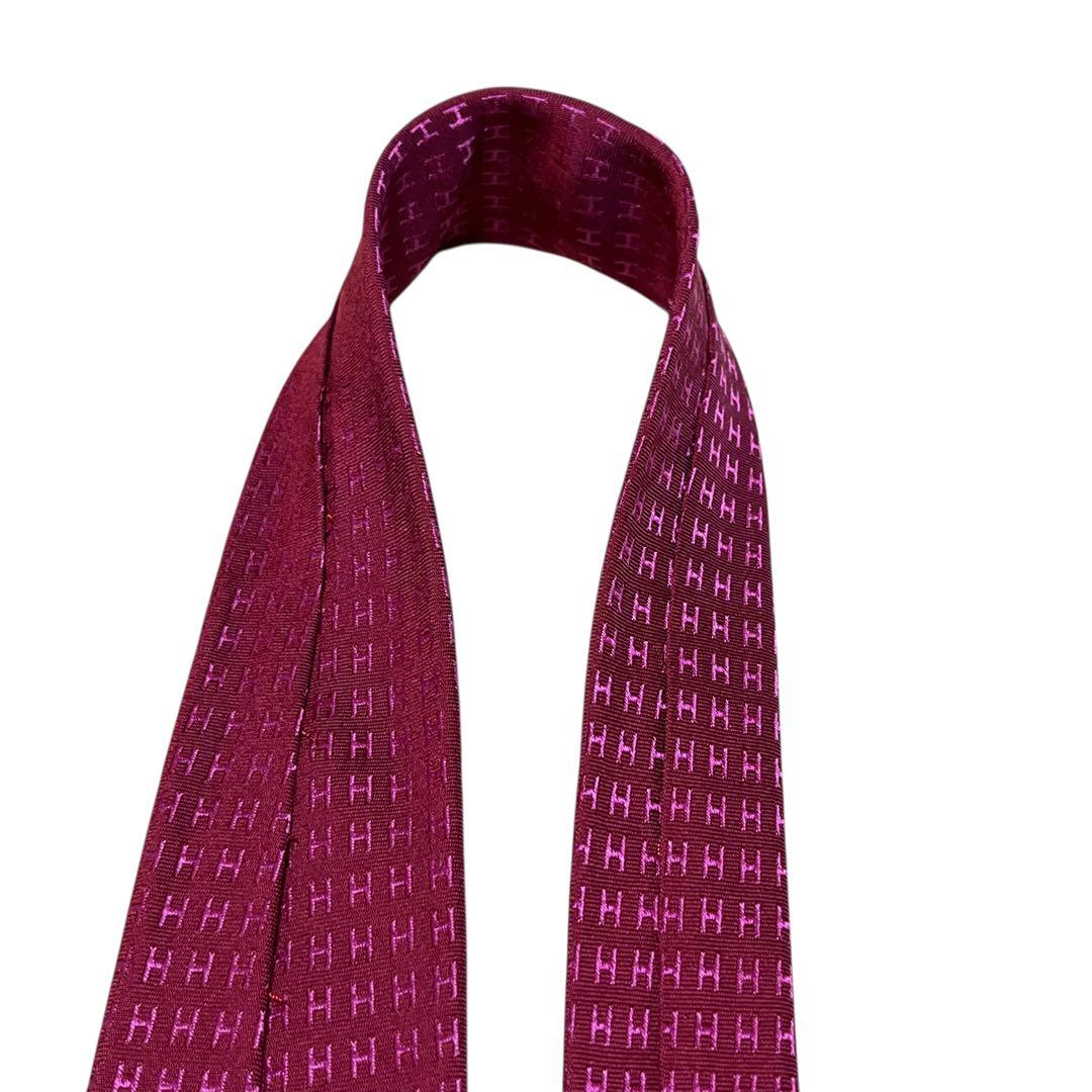 HERMES エルメス　高級ネクタイ　ピンク　ファソネ　H柄　ジャガード