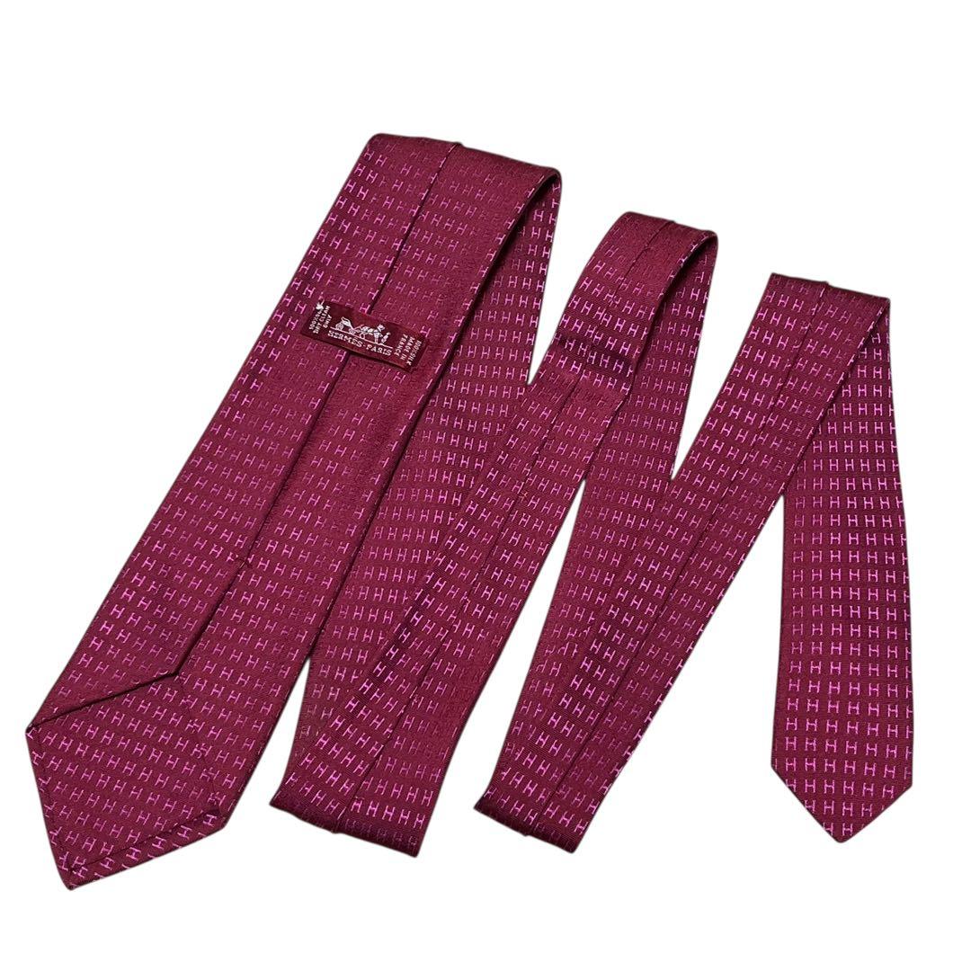 HERMES エルメス　高級ネクタイ　ピンク　ファソネ　H柄　ジャガード