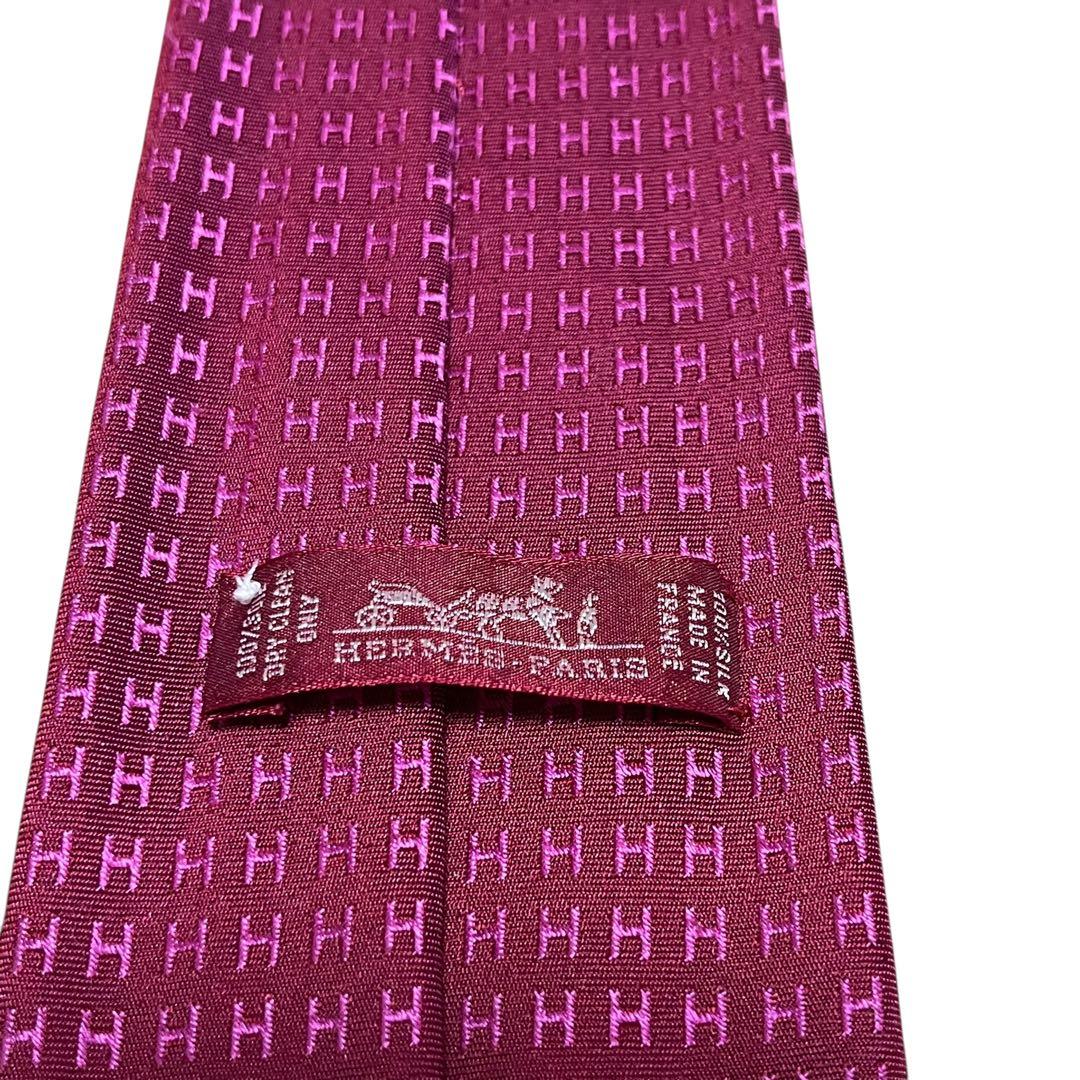 HERMES エルメス　高級ネクタイ　ピンク　ファソネ　H柄　ジャガード