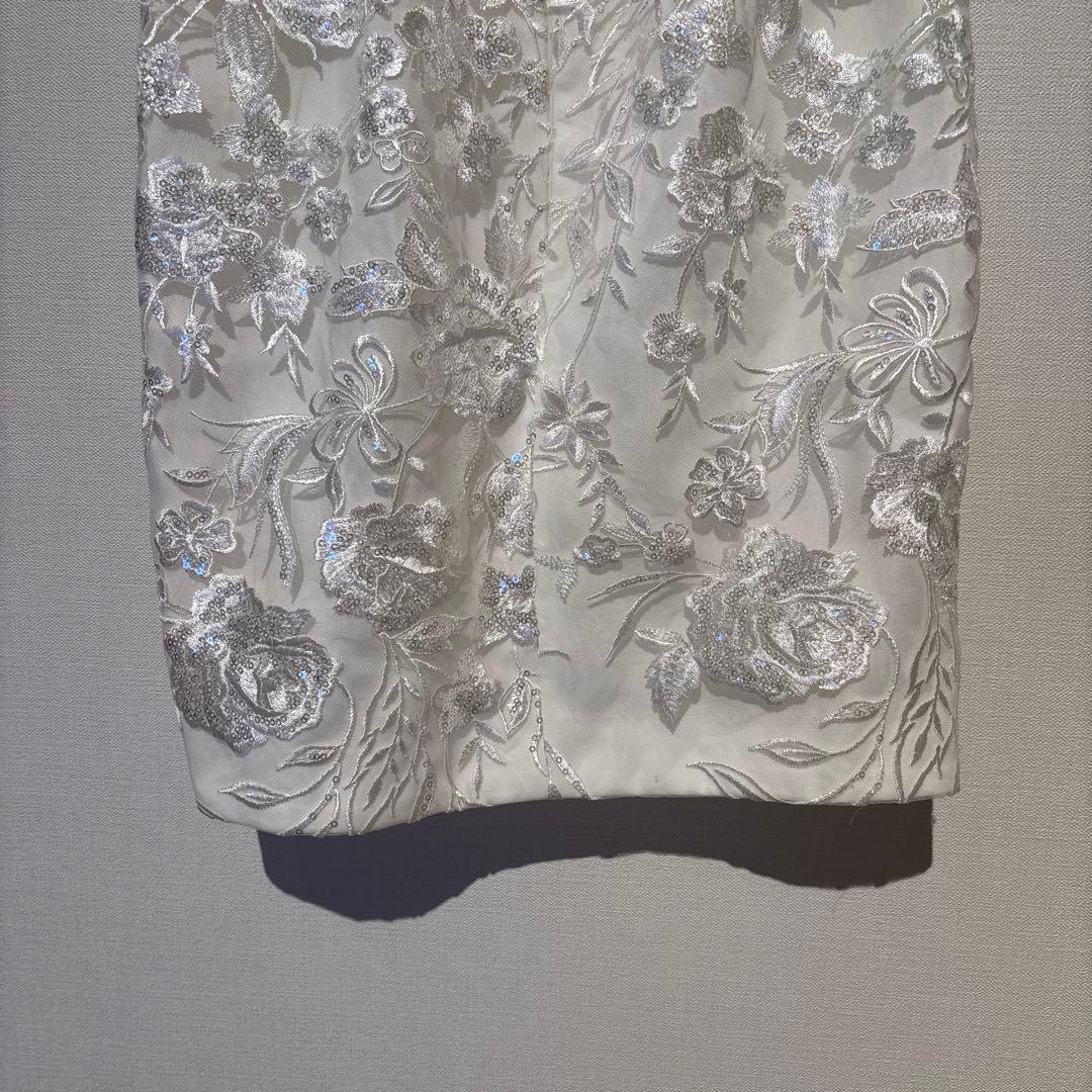 glossy アシンメトリービジューラインレースタイトミニドレス