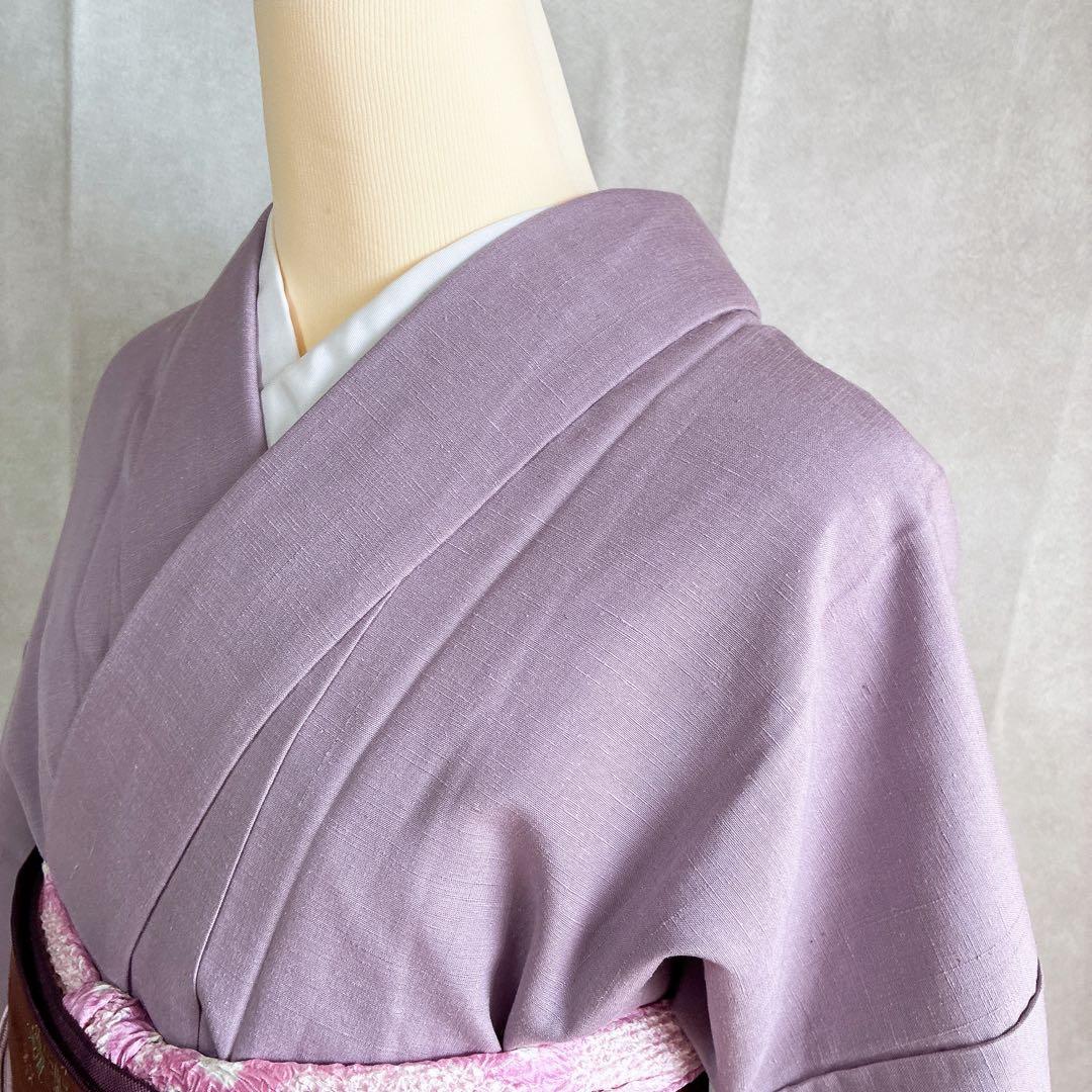 色無地　フルセット　着物　紬　正絹　しつけ糸付き　紫　G7