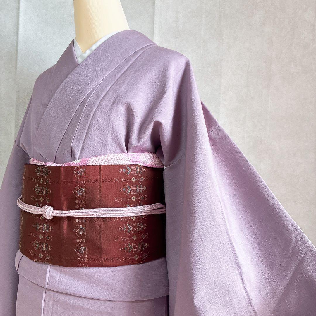 色無地　フルセット　着物　紬　正絹　しつけ糸付き　紫　G7