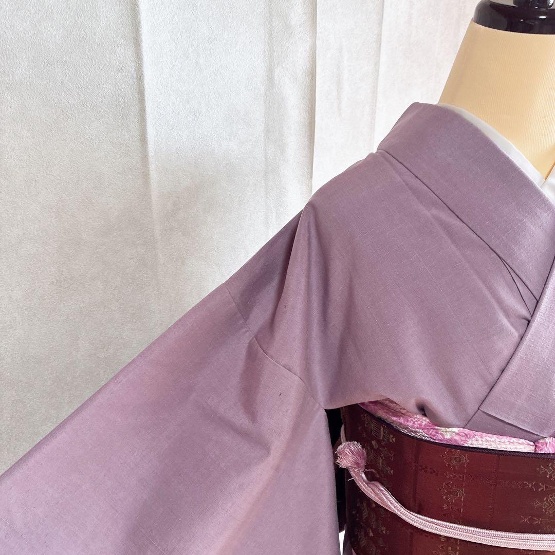 色無地　フルセット　着物　紬　正絹　しつけ糸付き　紫　G7