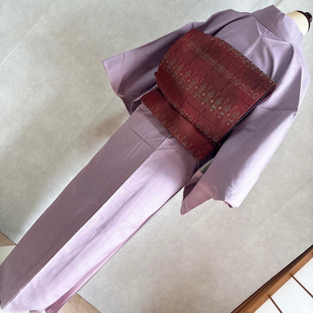 色無地　フルセット　着物　紬　正絹　しつけ糸付き　紫　G7