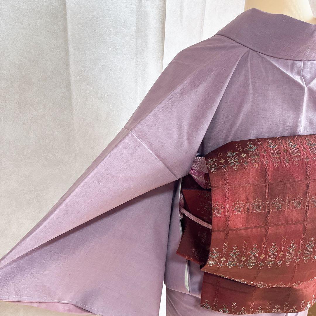 色無地　フルセット　着物　紬　正絹　しつけ糸付き　紫　G7