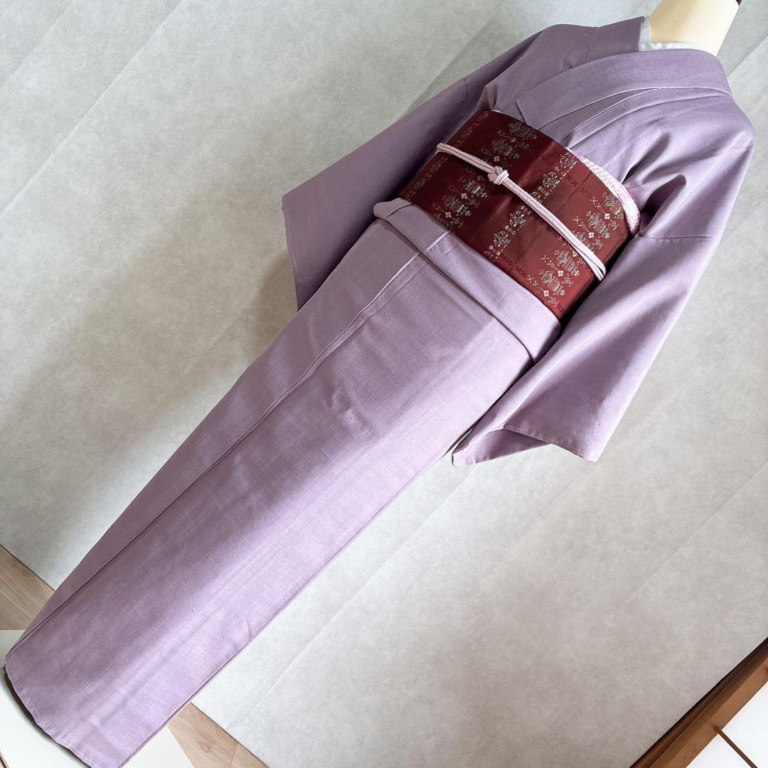 色無地　フルセット　着物　紬　正絹　しつけ糸付き　紫　G7