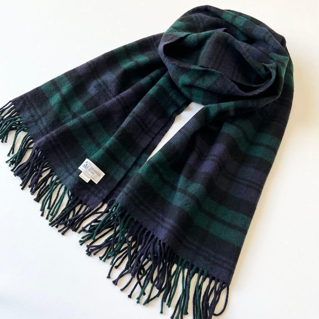 4874 ジョンストンズ　大判ストール カシミヤ100% 緑　黒　紺