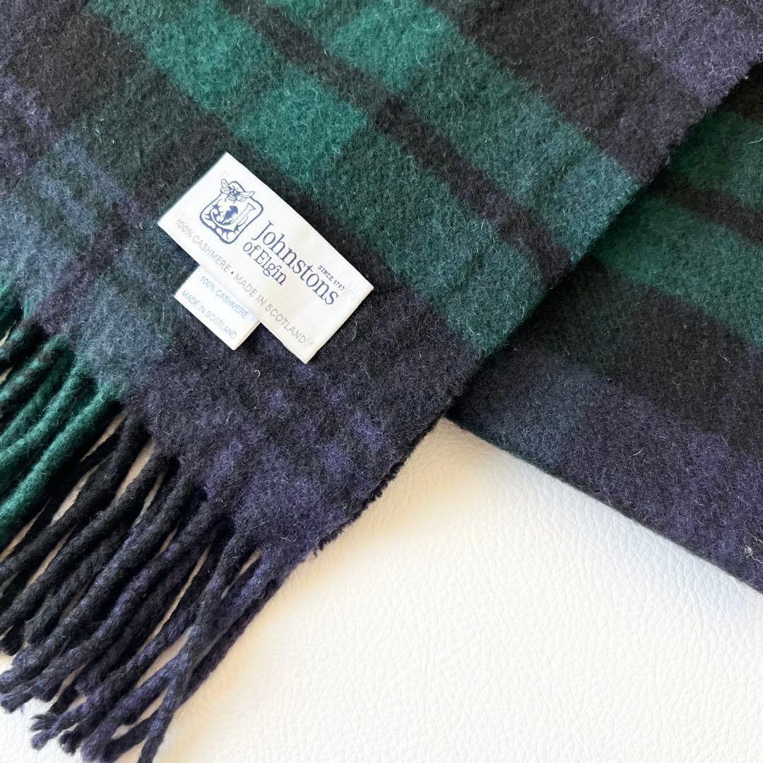 4874 ジョンストンズ　大判ストール カシミヤ100% 緑　黒　紺