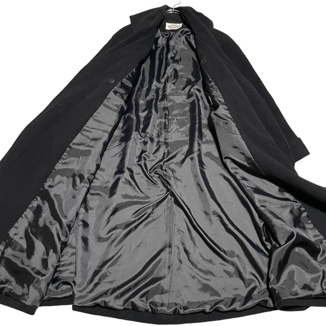 【アンゴラ100%】女優襟 マキシ丈 ダブルチェスターコート Aライン 黒 XL