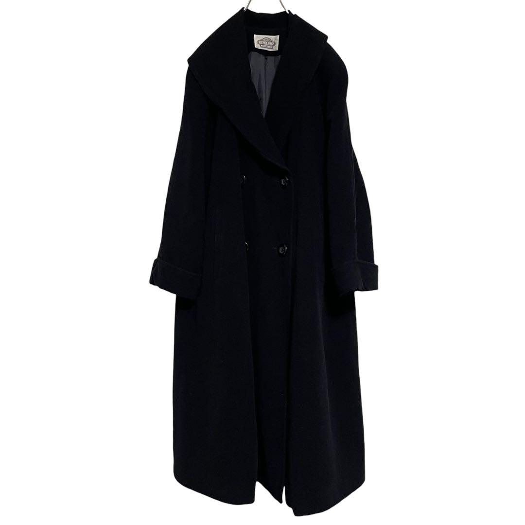 【アンゴラ100%】女優襟 マキシ丈 ダブルチェスターコート Aライン 黒 XL