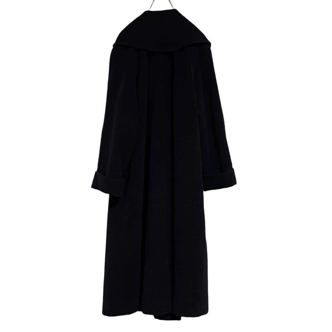 【アンゴラ100%】女優襟 マキシ丈 ダブルチェスターコート Aライン 黒 XL