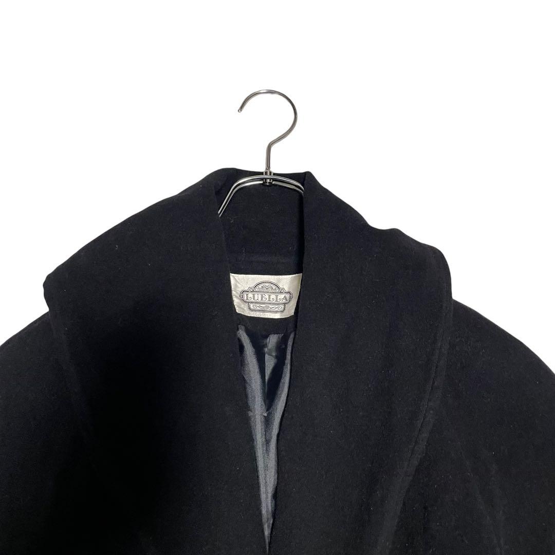 【アンゴラ100%】女優襟 マキシ丈 ダブルチェスターコート Aライン 黒 XL