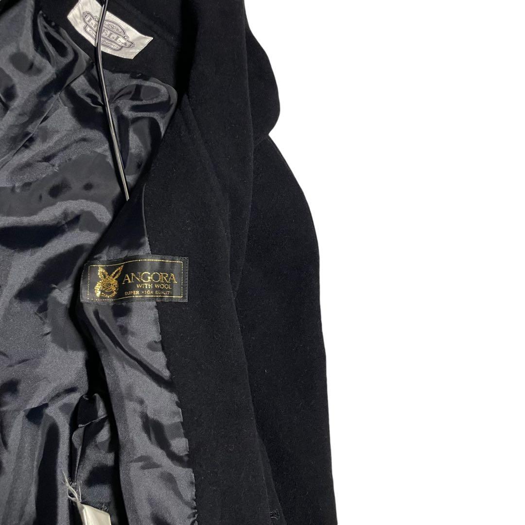 【アンゴラ100%】女優襟 マキシ丈 ダブルチェスターコート Aライン 黒 XL
