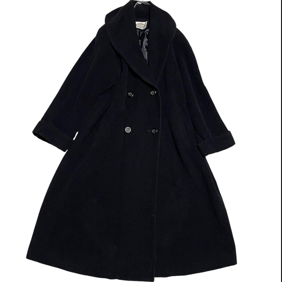【アンゴラ100%】女優襟 マキシ丈 ダブルチェスターコート Aライン 黒 XL