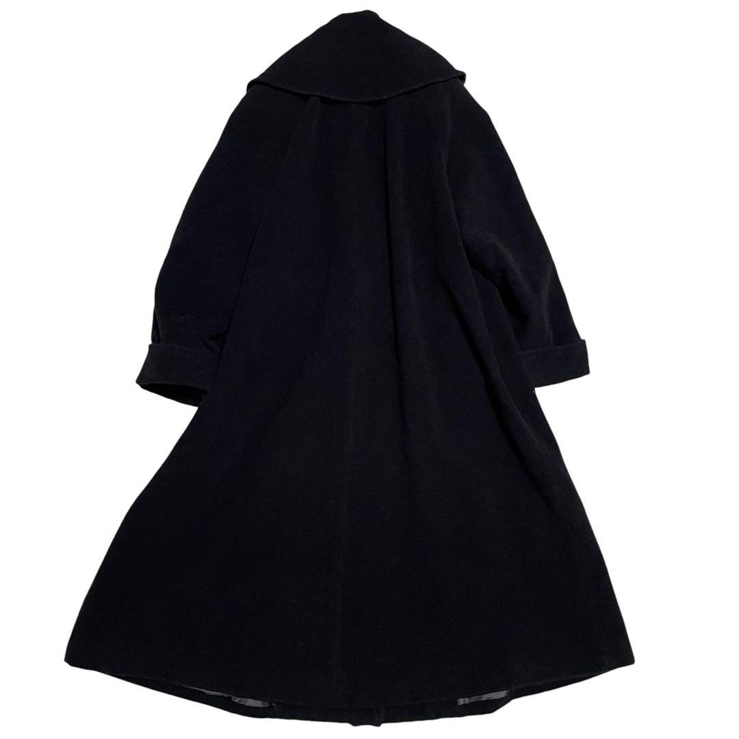 【アンゴラ100%】女優襟 マキシ丈 ダブルチェスターコート Aライン 黒 XL