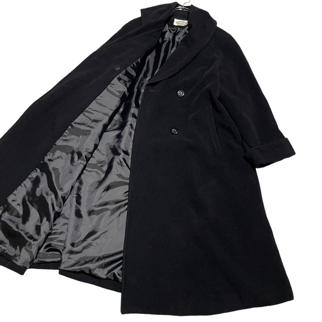 【アンゴラ100%】女優襟 マキシ丈 ダブルチェスターコート Aライン 黒 XL