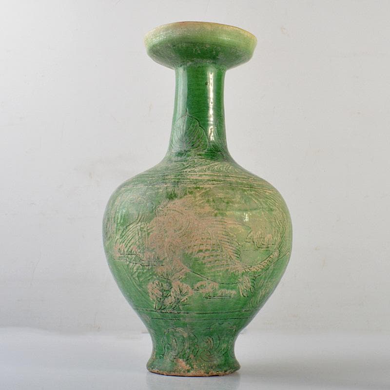 中国　漢緑釉　魚藻文　碗口瓶　花瓶　V　6554C