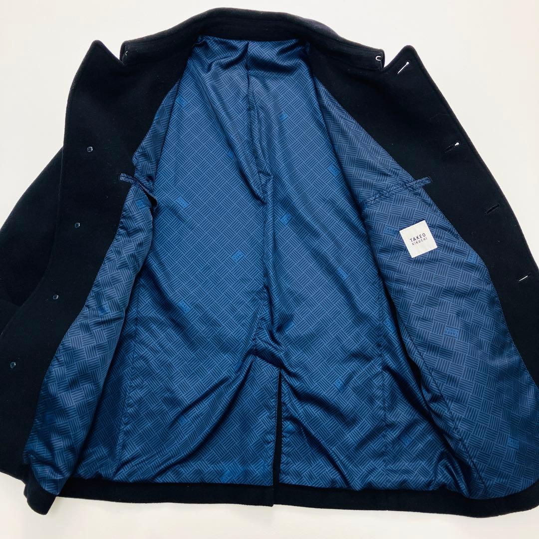 【希少サイズ　近年　美品】　タケオキクチ　ピーコート　ロゴボタン　ウール　紺　L