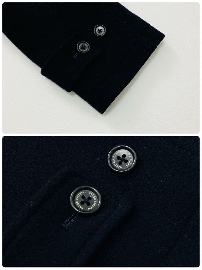 【希少サイズ　近年　美品】　タケオキクチ　ピーコート　ロゴボタン　ウール　紺　L