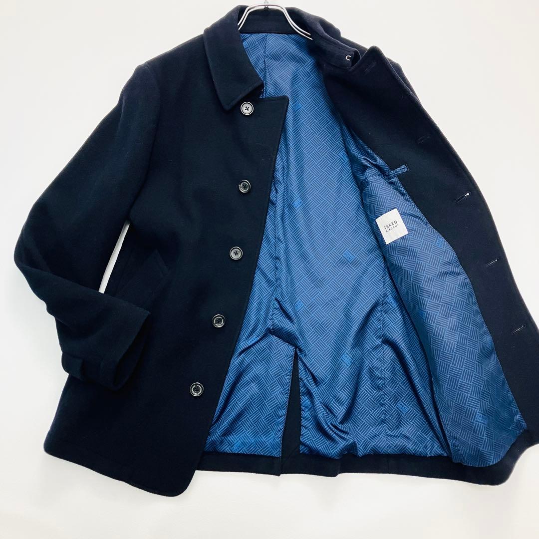 【希少サイズ　近年　美品】　タケオキクチ　ピーコート　ロゴボタン　ウール　紺　L