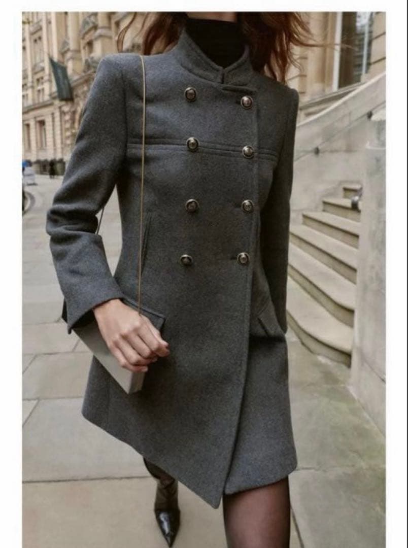 【新品】ZARA ザラ ウール混紡ショート丈ダブルブレストコート xs グレー