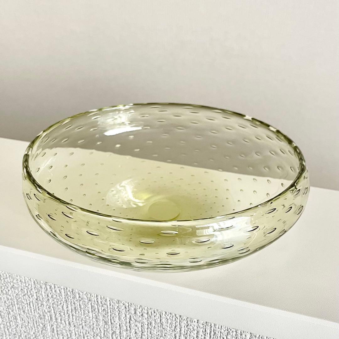 新島ガラス 浅鉢 共箱/水玉鉢 火山ガラス 器 バブル オリーブグリーン