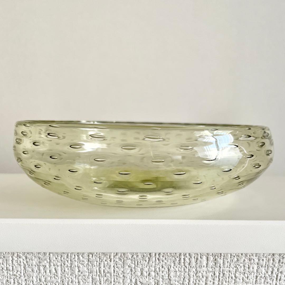 新島ガラス 浅鉢 共箱/水玉鉢 火山ガラス 器 バブル オリーブグリーン