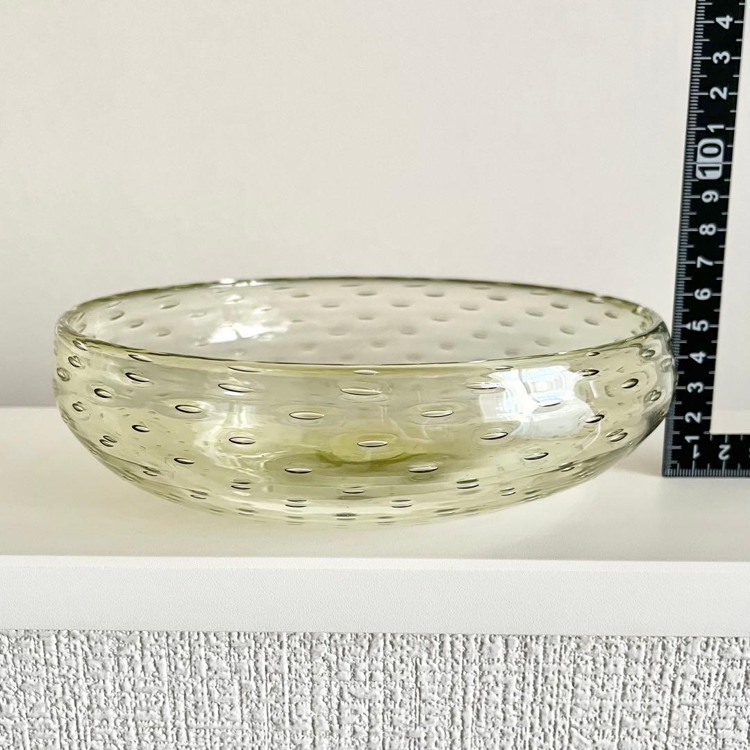 新島ガラス 浅鉢 共箱/水玉鉢 火山ガラス 器 バブル オリーブグリーン