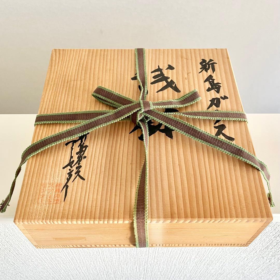 新島ガラス 浅鉢 共箱/水玉鉢 火山ガラス 器 バブル オリーブグリーン