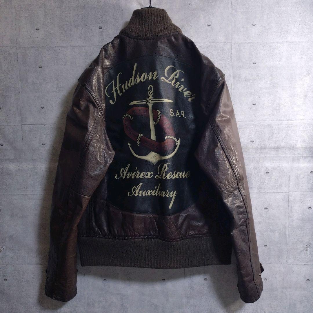 AVIREX★牛革 リアルレザー バックプリント レザージャケット 茶 L