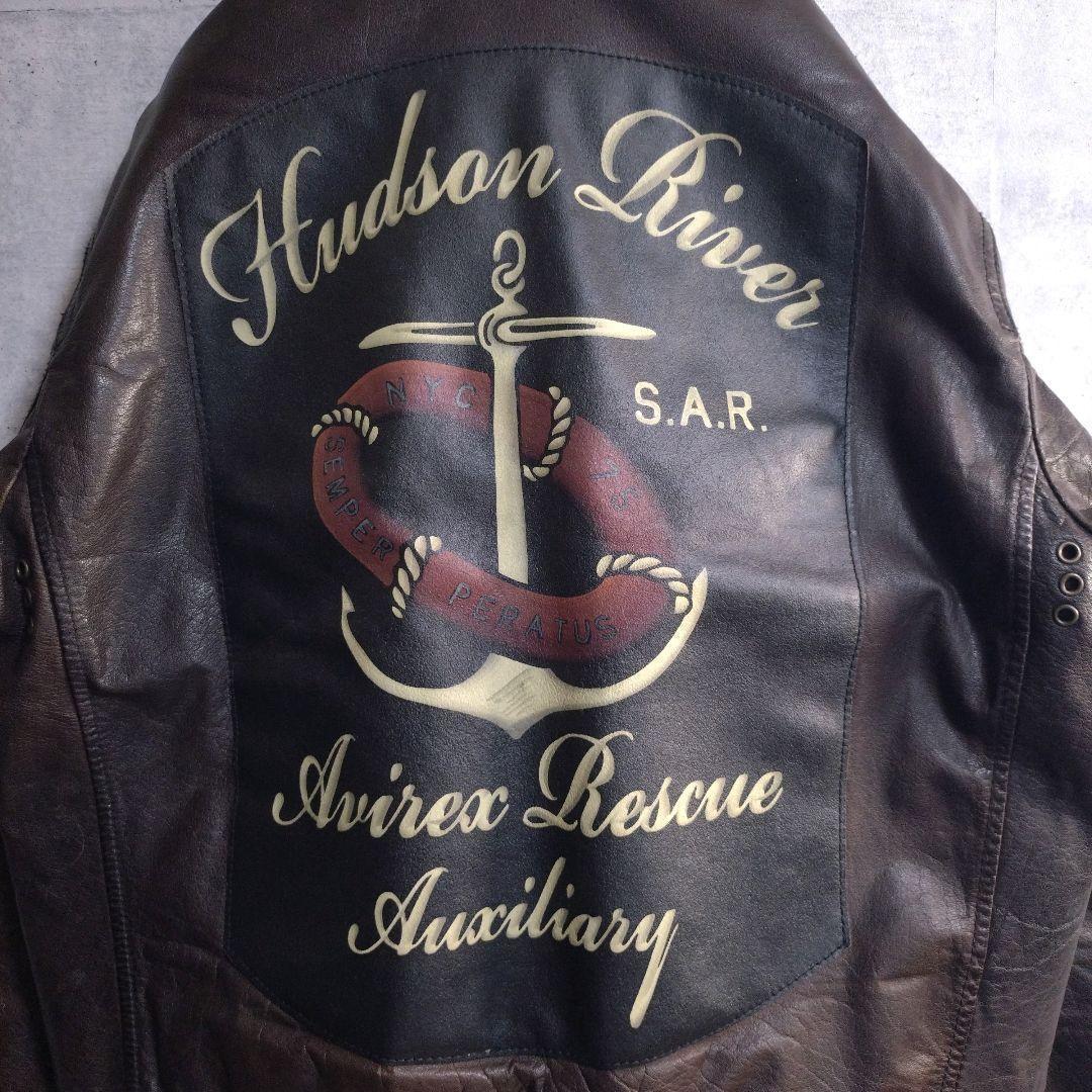 AVIREX★牛革 リアルレザー バックプリント レザージャケット 茶 L