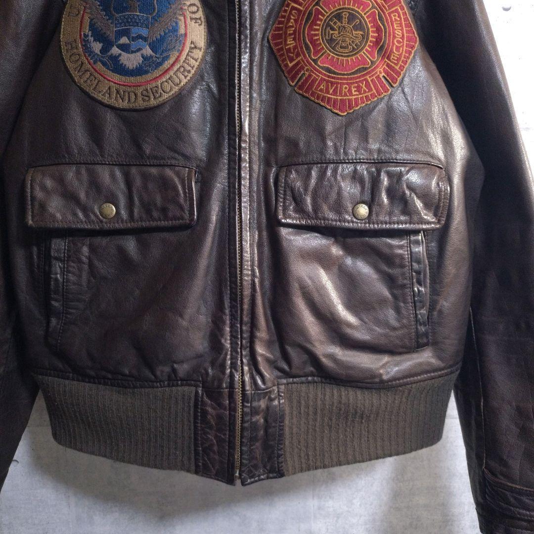 AVIREX★牛革 リアルレザー バックプリント レザージャケット 茶 L