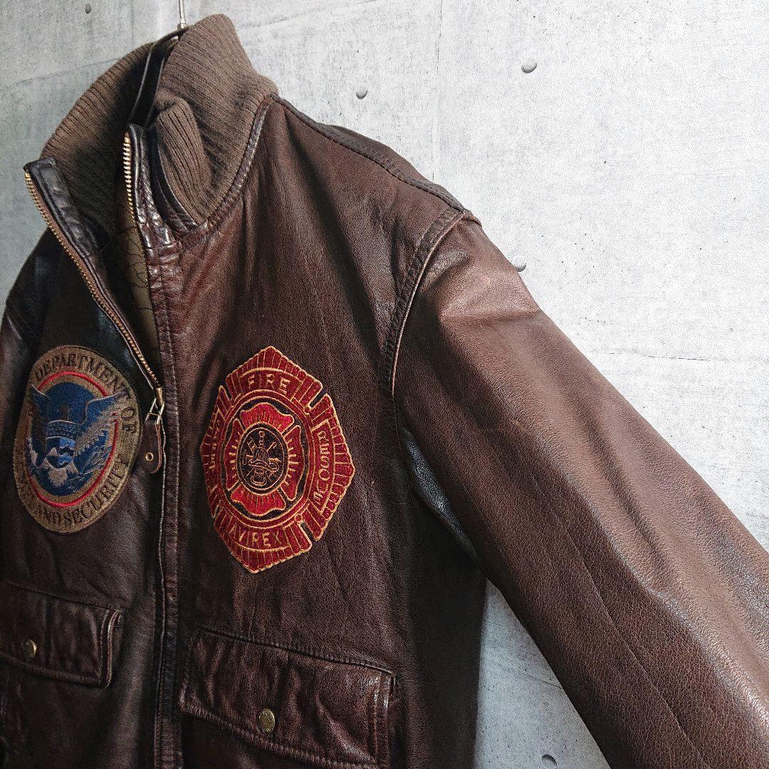 AVIREX★牛革 リアルレザー バックプリント レザージャケット 茶 L