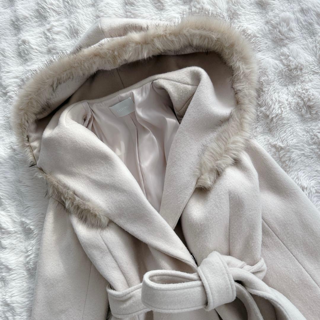 セルフォード★フード　ファー　ロングガウンコート ベルテッド ベルト　アイボリー