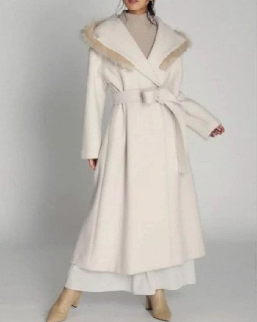 セルフォード★フード　ファー　ロングガウンコート ベルテッド ベルト　アイボリー