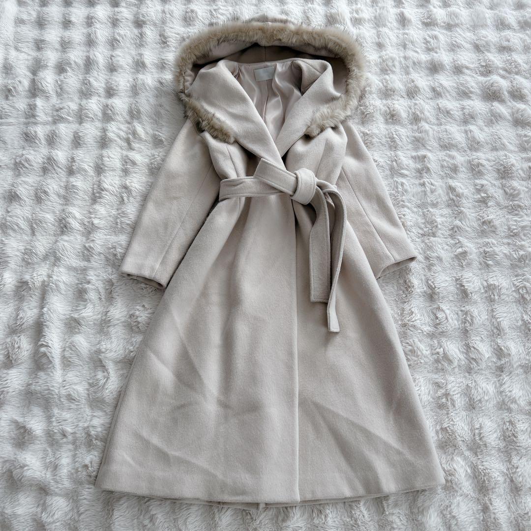 セルフォード★フード　ファー　ロングガウンコート ベルテッド ベルト　アイボリー