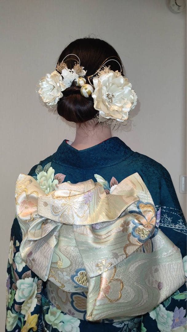 成人式　振袖　緑　青　エメラルドグリーン　クローバー　帯　フルセット